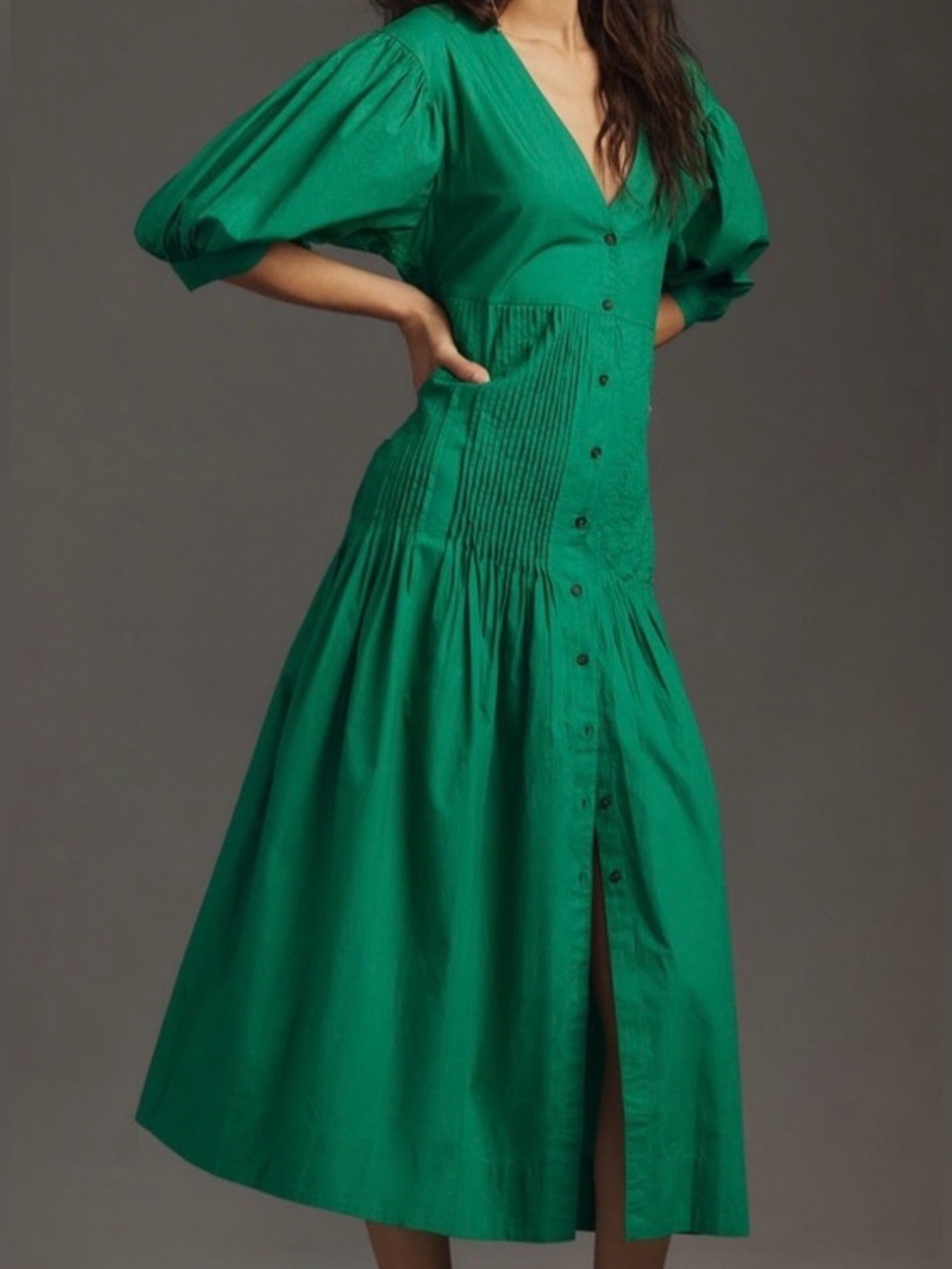 Anthropologie (Maeve) Puff-Sleeve Pintuck Drop-Waist Midi pit-pit20 (mix44)